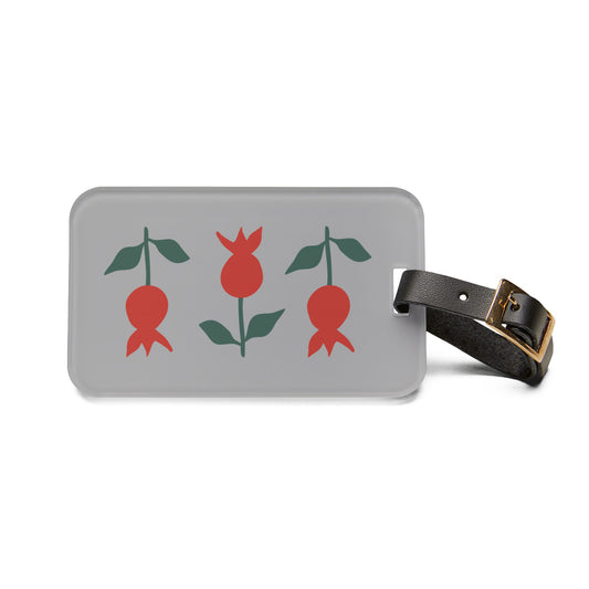 Minimalist Pomegranate Luggage Tag — Gray Travel ID with Red Fruit Motif