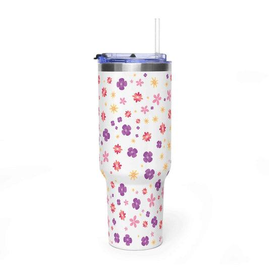 40oz Floral Vacuum Tumbler – Insulated Travel Mug with Pink & Purple Daisy Pattern