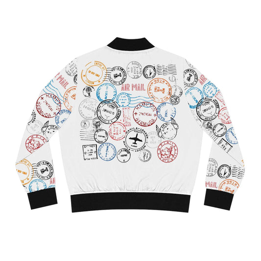 Passport Stamp Print Bomber Jacket — Vintage Airmail Travel Design