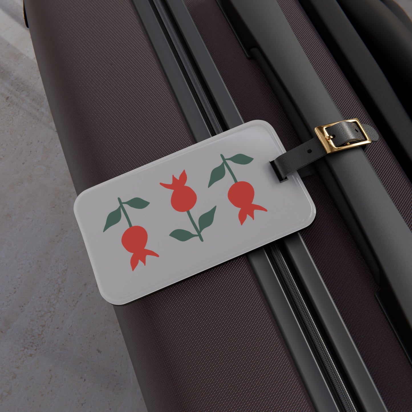 Minimalist Pomegranate Luggage Tag — Gray Travel ID with Red Fruit Motif