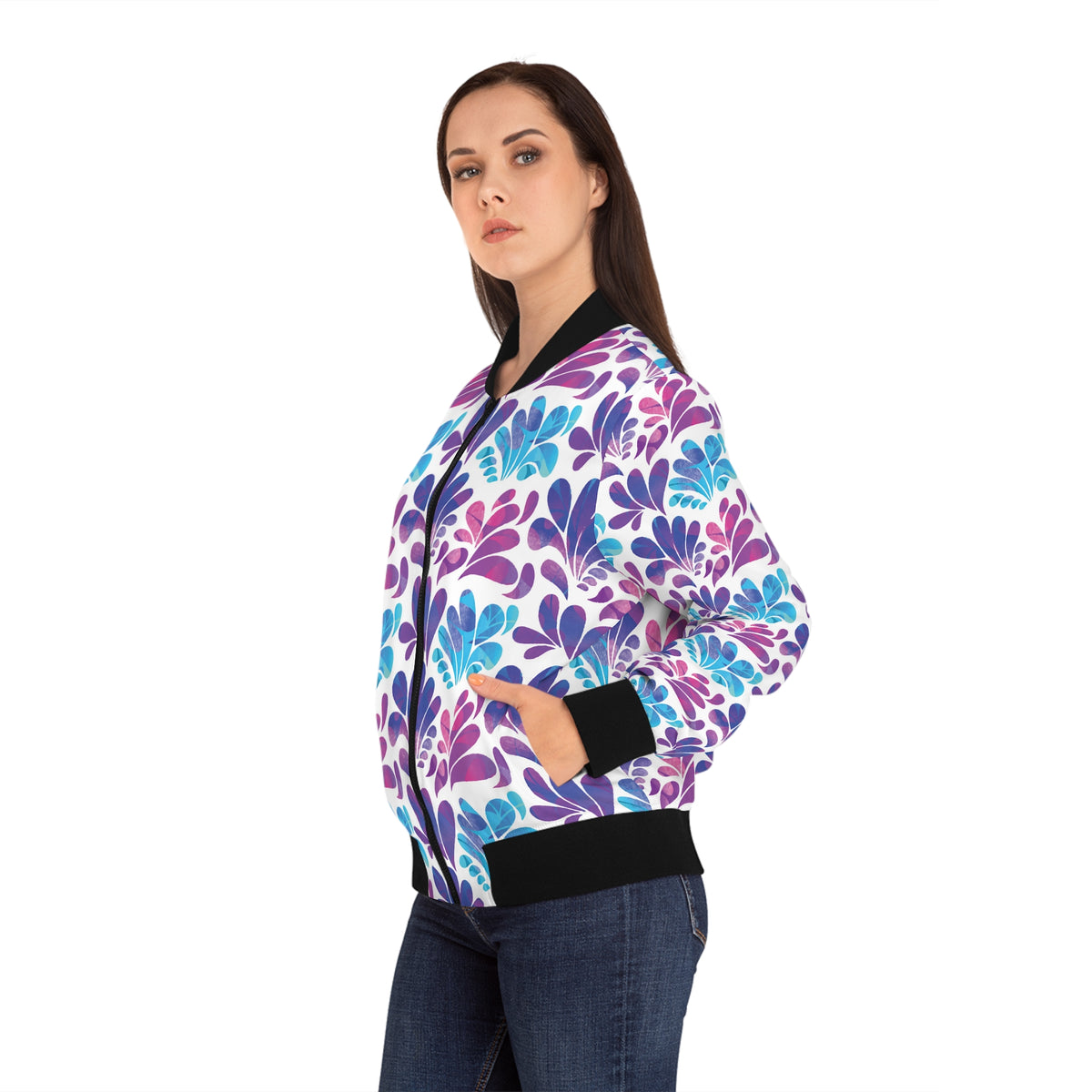 Floral Splash Bomber Jacket — Purple & Teal All-Over Print