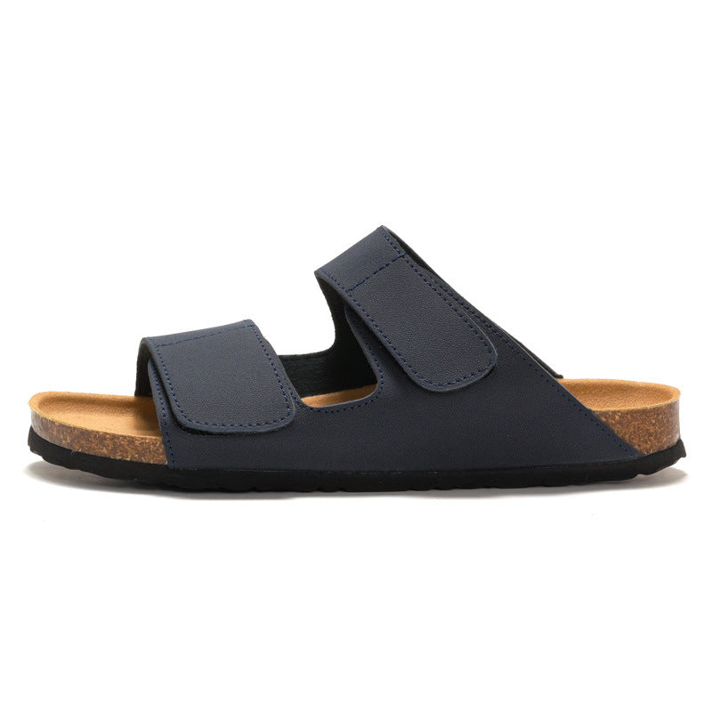 RUIZUSTOCK Wise Foot Men's Cork Slippers Trendy Student One-Word Slippers Double Strap Men's Beach Shoes Frosted Leather
