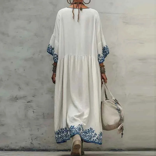 Bohemian Spring Floral Print A-Line Maxi Dress Women Long Sleeve O Neck Casual Kaftan Dress New Summer Vintage Ethnic Beach Robe
