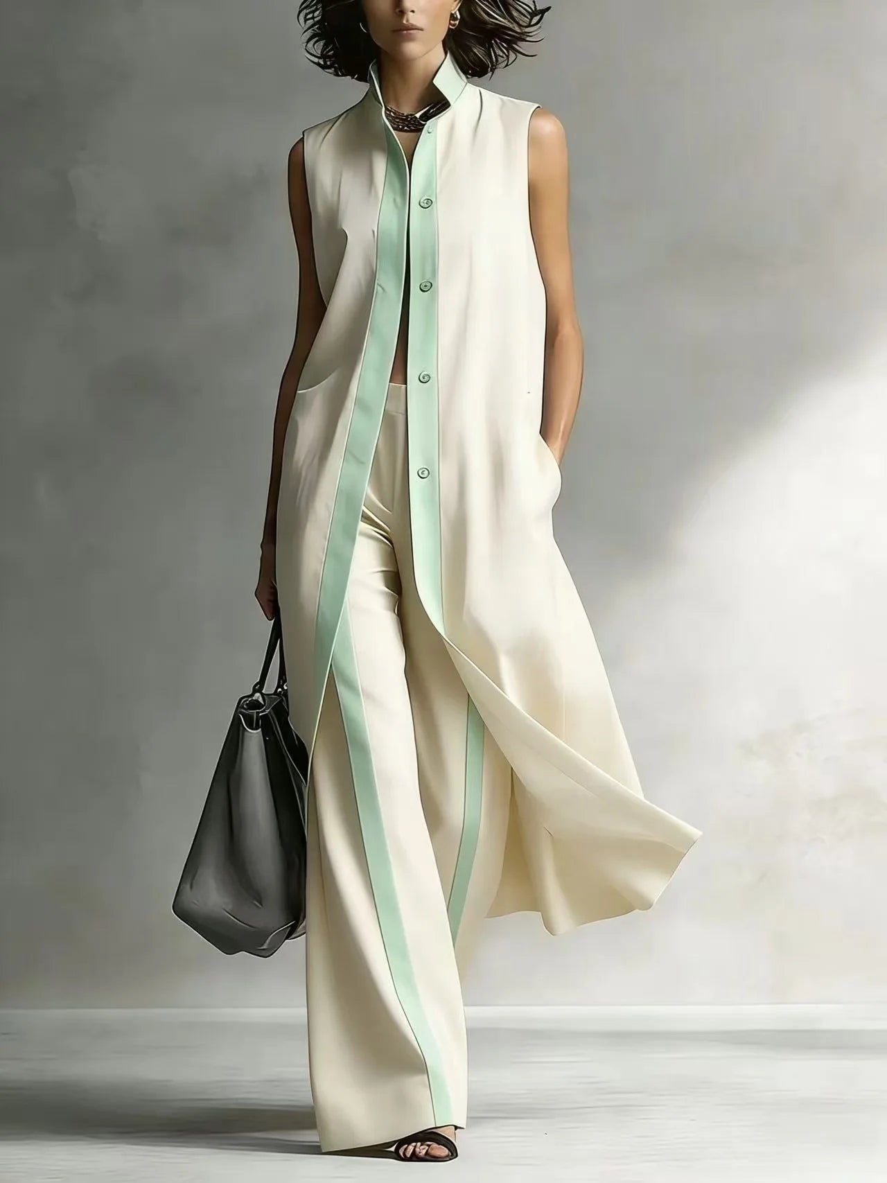 Ensemble deux pièces chemise à revers élégante et pantalon long, costume de vacances décontracté sans manches ajouré, tenue femme tendance color block