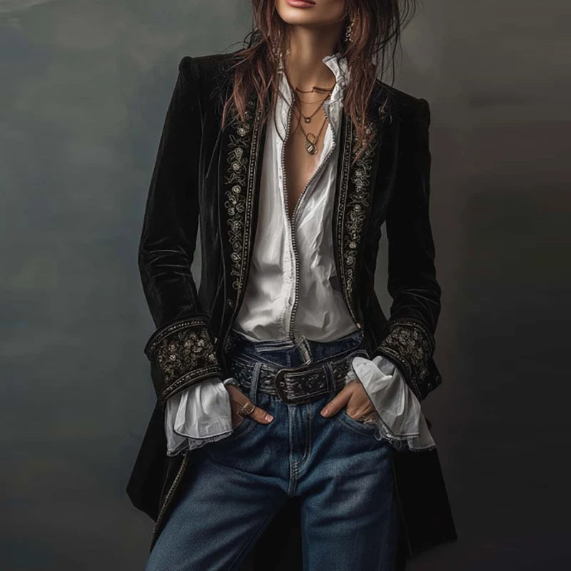 Veste de Blazer Femme en Velours à Imprimé Floral Rétro Ethnique Sexy Col Cranté Slim Manteau Long Manches Longues Automne Hiver
