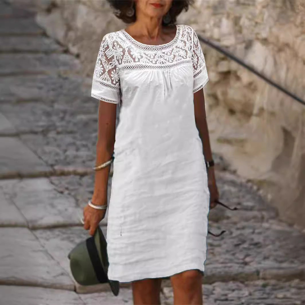 Casual Lace-Patchwork Crew-Neck Cotton-Linen Solid-Color Short-Sleeve Dress
