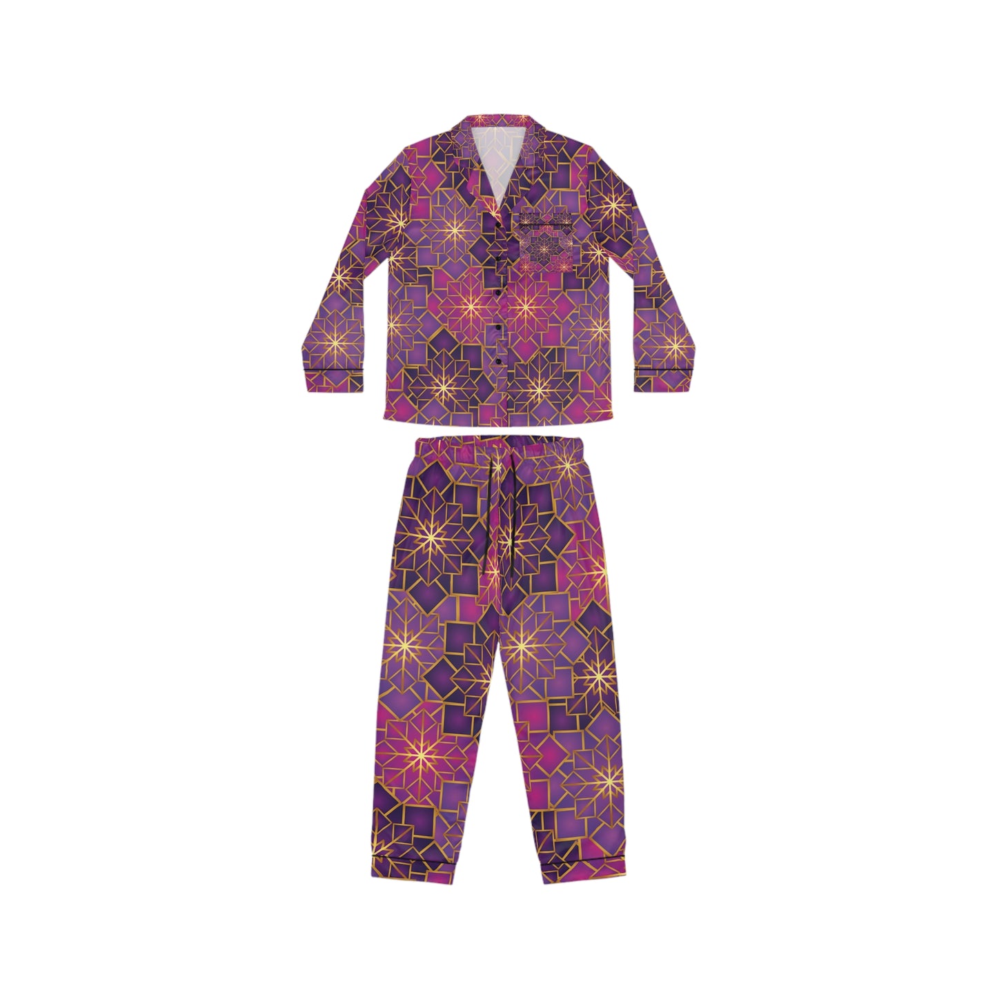 Women’s Satin Pajama Set — Luxe Purple Geometric Star Pattern