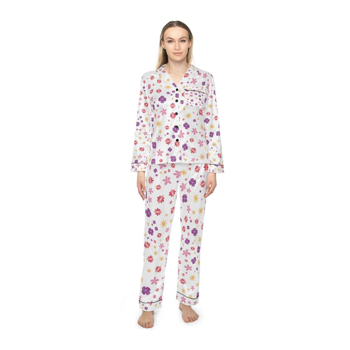 Floral Satin Pajamas Set — Women’s Soft Purple & Pink Flower Sleepwear