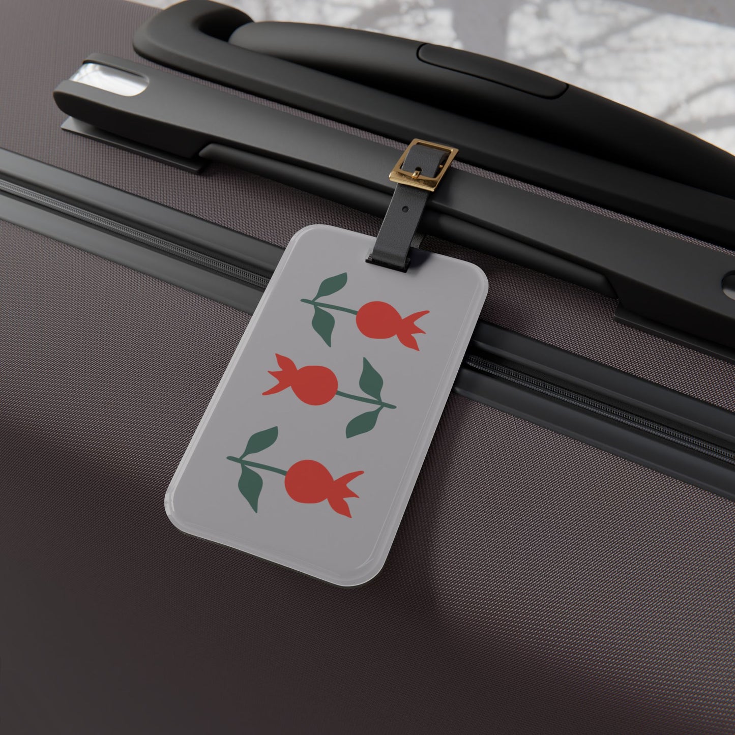 Minimalist Pomegranate Luggage Tag — Gray Travel ID with Red Fruit Motif