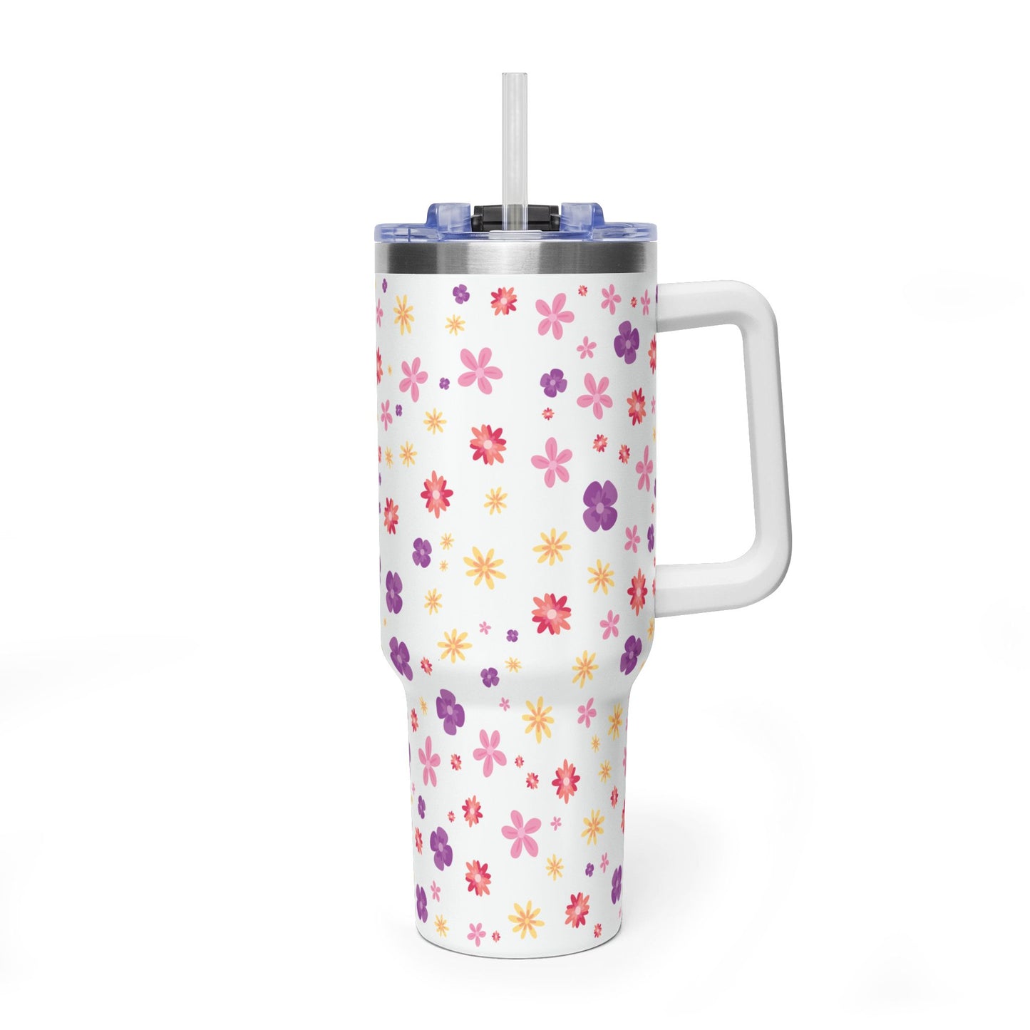 40oz Floral Vacuum Tumbler – Insulated Travel Mug with Pink & Purple Daisy Pattern