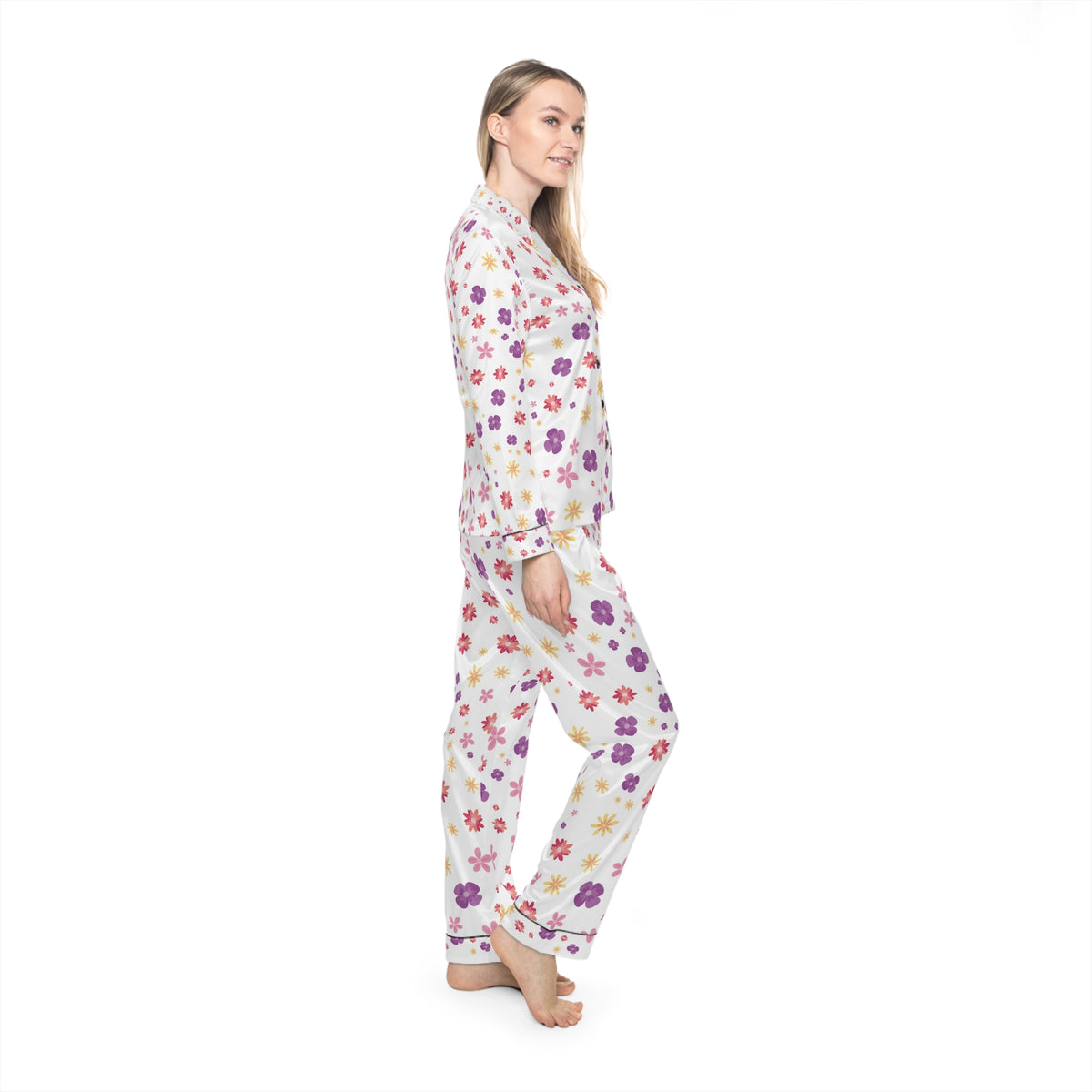 Floral Satin Pajamas Set — Women's Soft Sleepwear in Purple & Pink