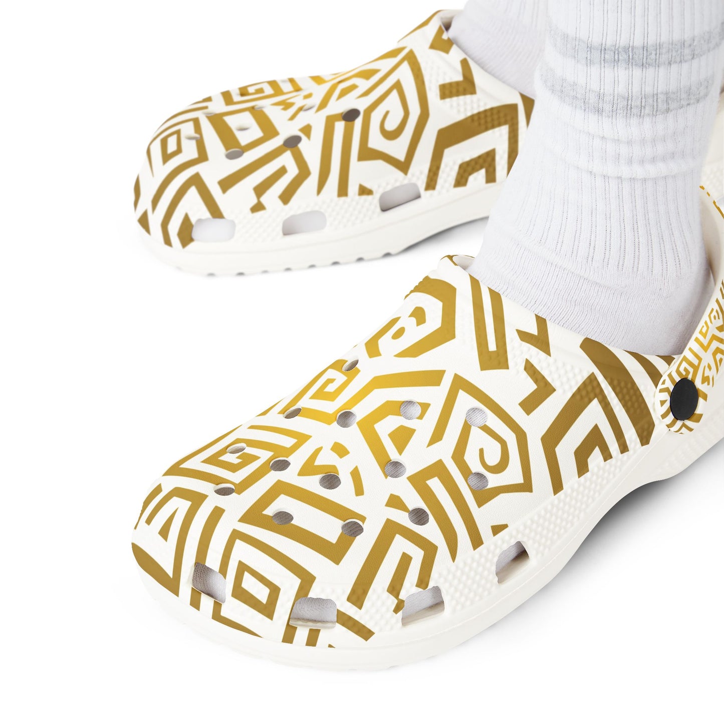Golden Tribal Pattern EVA Clogs — Lightweight Foam Slip-On Shoes