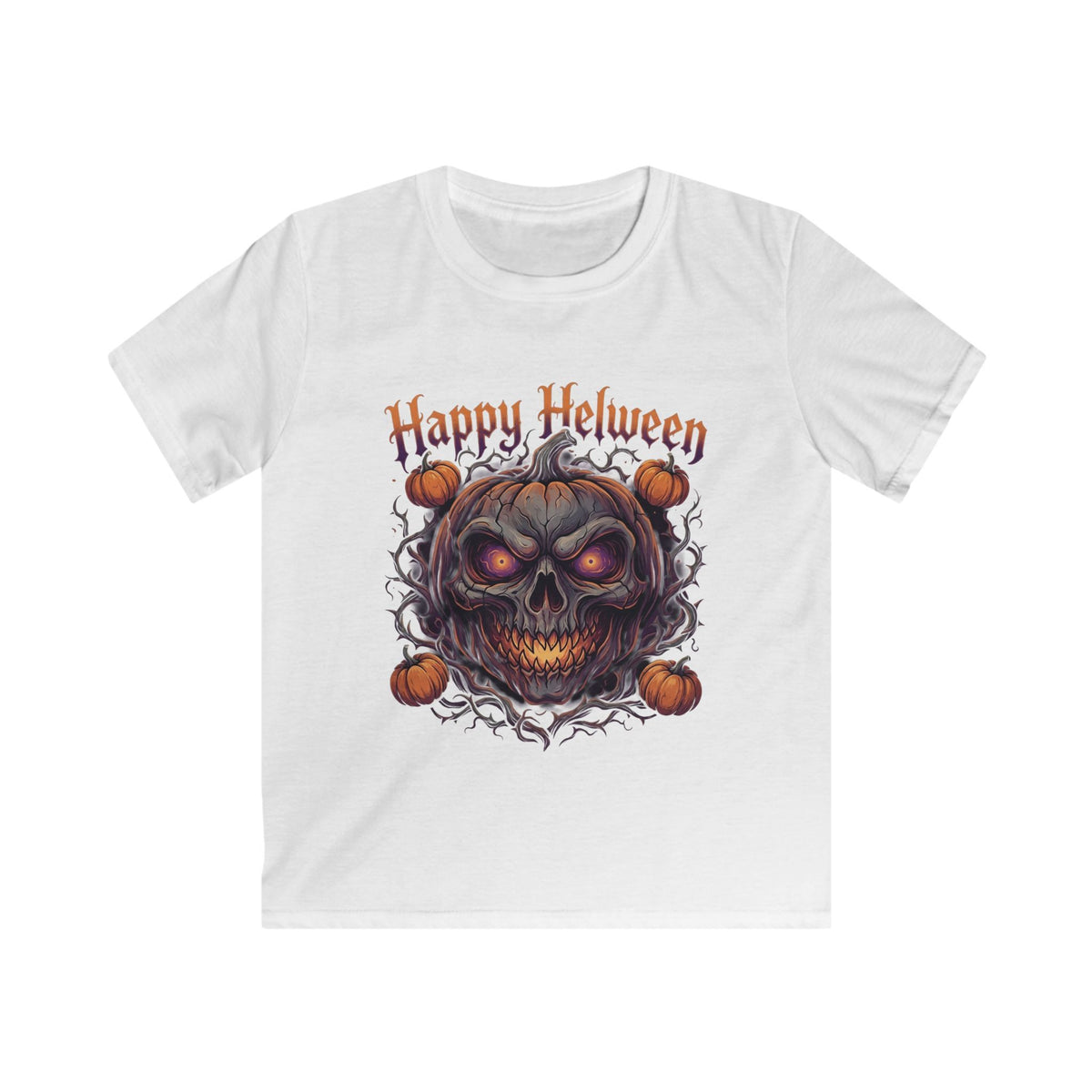 Kids Halloween Tee — “Happy Helween” Spooky Pumpkin Skull Graphic