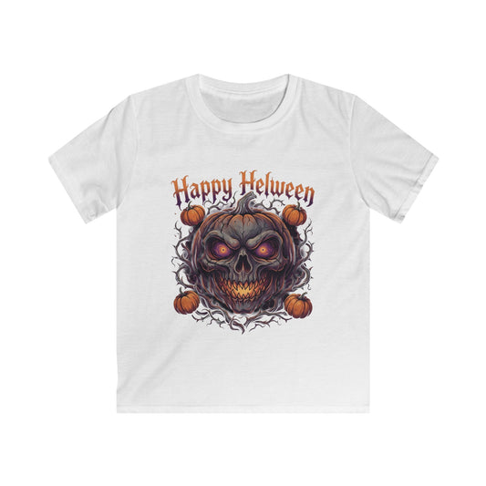 Kids Halloween Tee — “Happy Helween” Spooky Pumpkin Skull Graphic