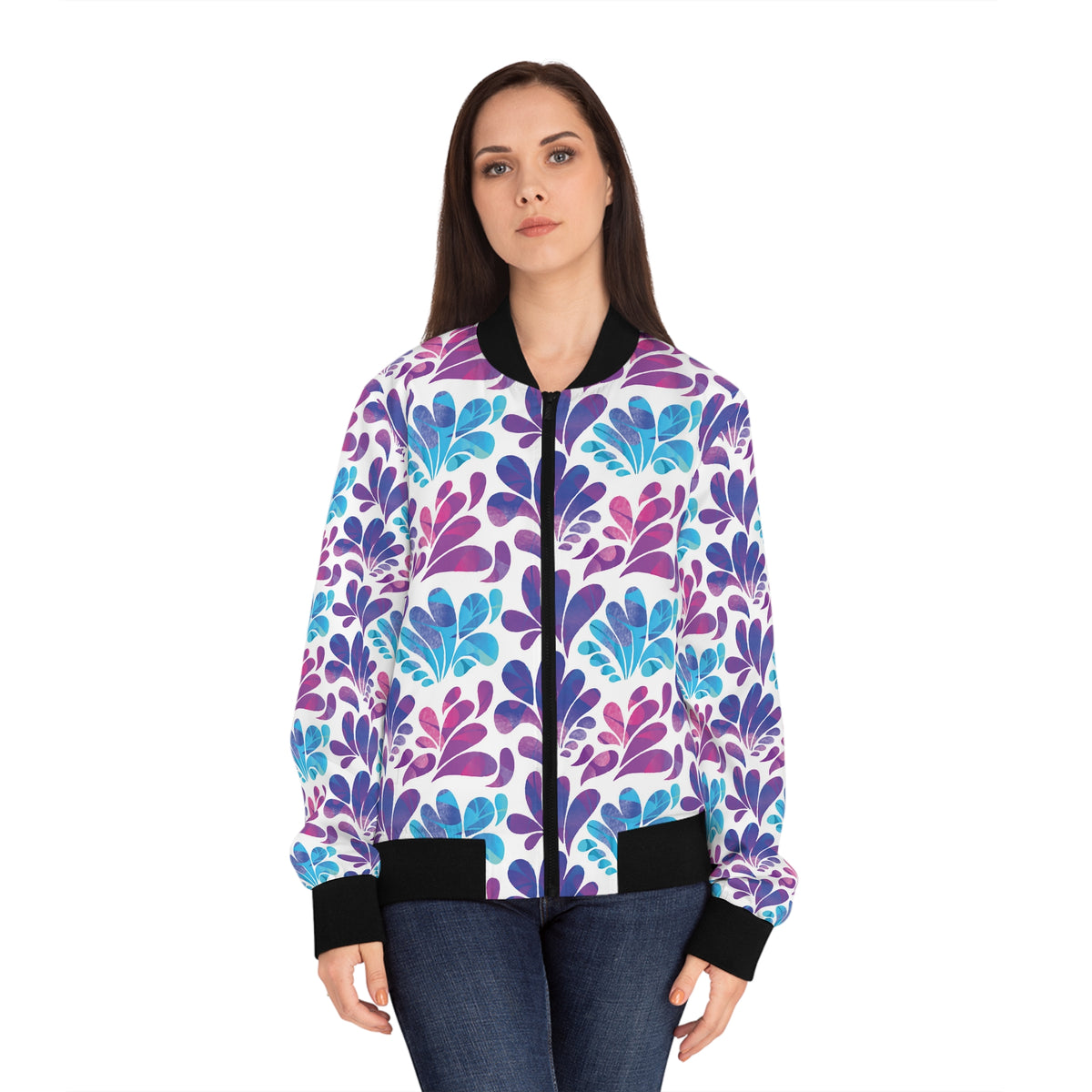 Floral Splash Bomber Jacket — Purple & Teal All-Over Print