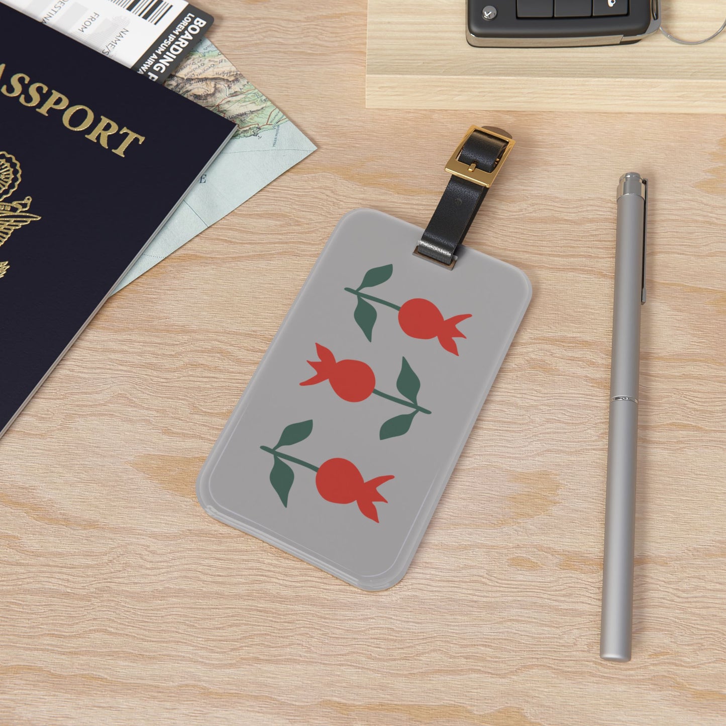 Minimalist Pomegranate Luggage Tag — Gray Travel ID with Red Fruit Motif