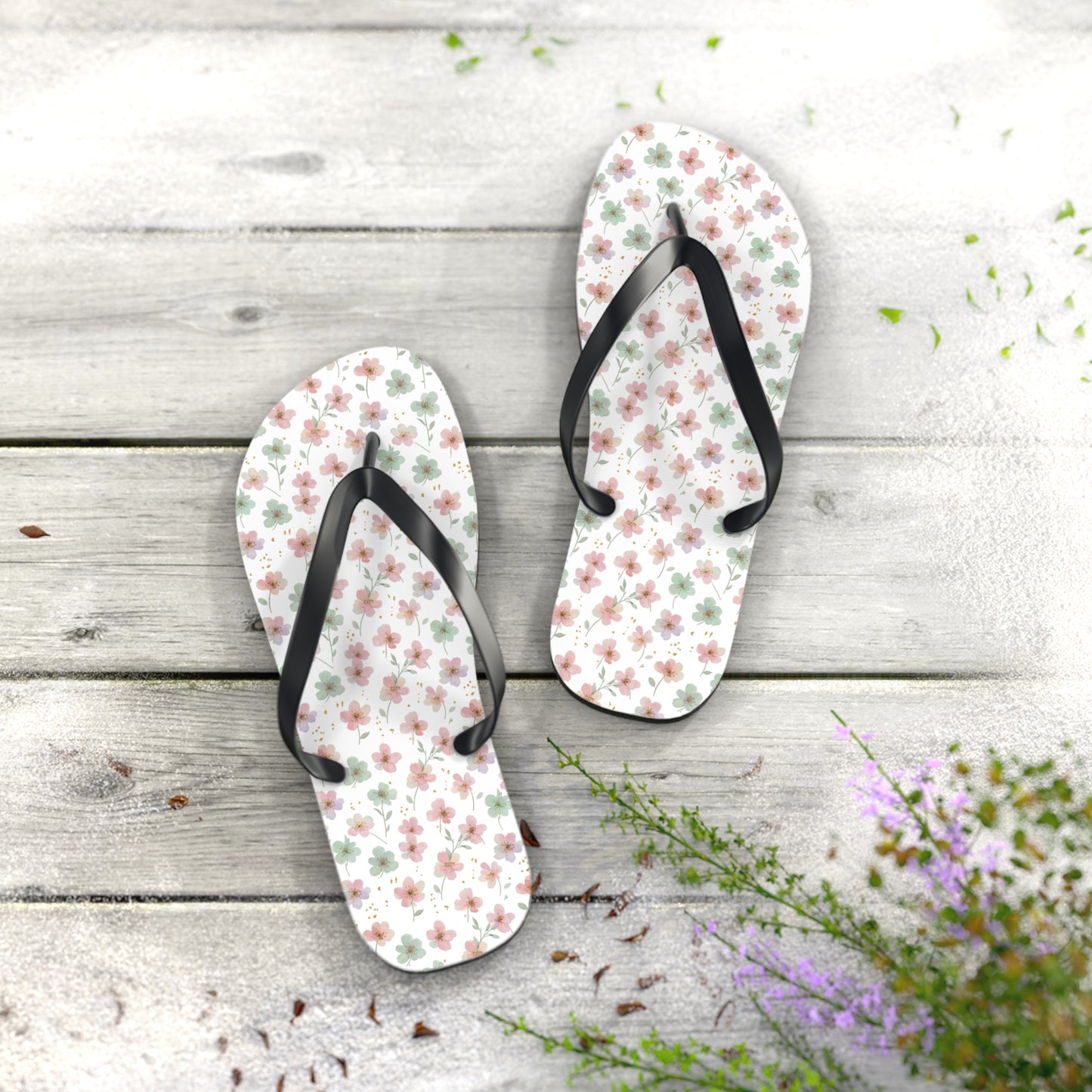Floral Breeze Flip Flops — Pink & Green Blossom Beach Sandals