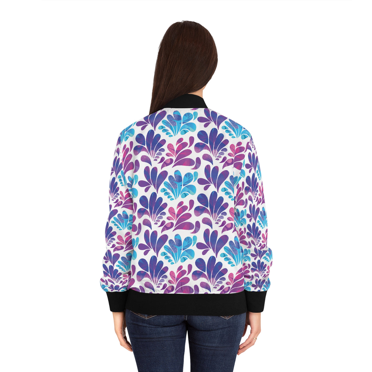 Floral Splash Bomber Jacket — Purple & Teal All-Over Print