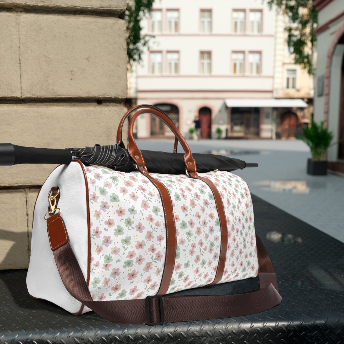 Floral Waterproof Travel Bag — Lightweight Duffle with Pink & Green Blossom Print