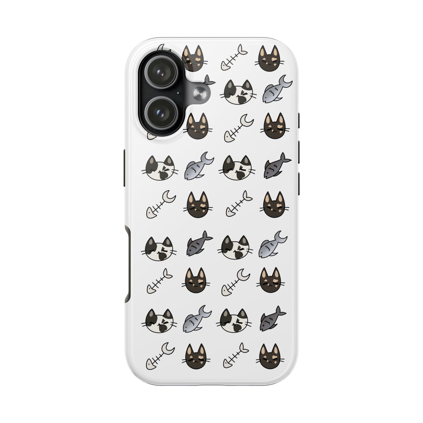 Cute Cat Pattern Tough Phone Case — Kawaii Cat & Fish Bone Design