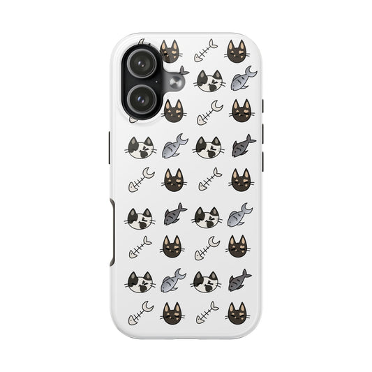 Cute Cat Pattern Tough Phone Case — Kawaii Cat & Fish Bone Design