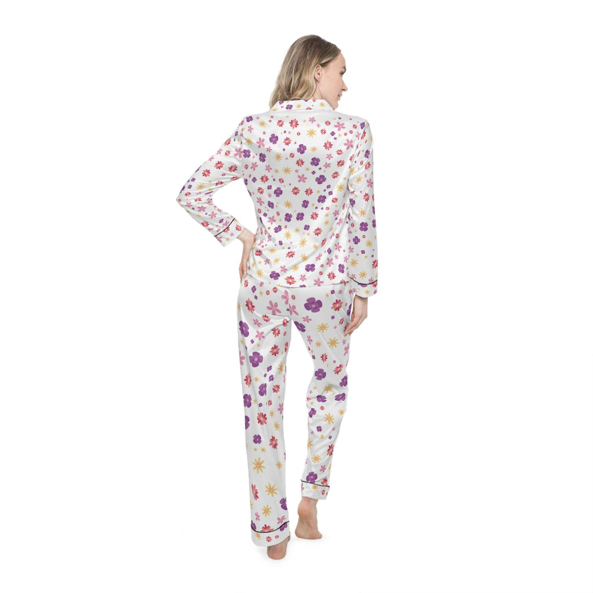 Floral Satin Pajamas Set — Women’s Soft Purple & Pink Flower Sleepwear