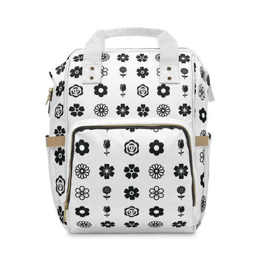 Floral Black & White Multifunctional Diaper Backpack