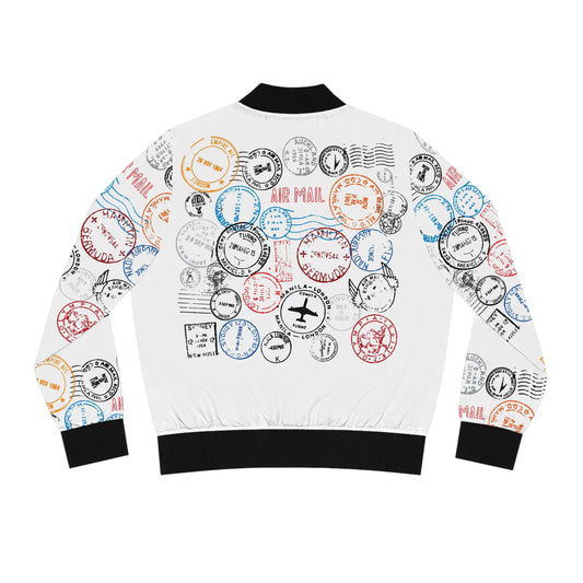 Passport Stamp Print Bomber Jacket — Vintage Airmail Travel Design