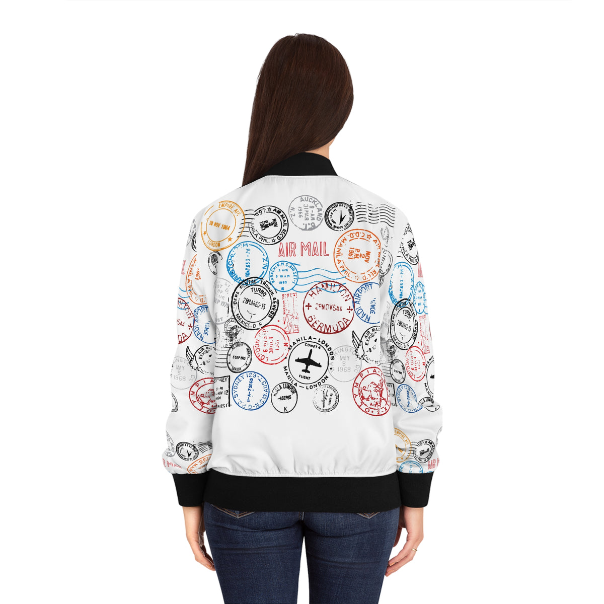 Passport Stamp Print Bomber Jacket — Vintage Airmail Travel Design