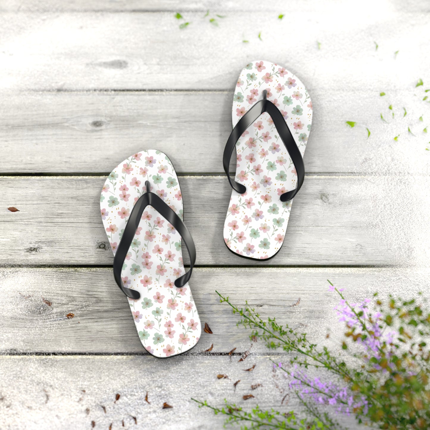 Floral Breeze Flip Flops — Pink & Green Blossom Beach Sandals