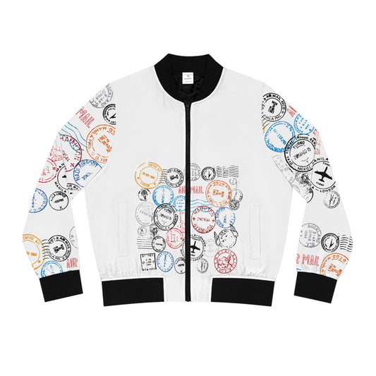 Passport Stamp Print Bomber Jacket — Vintage Airmail Travel Design