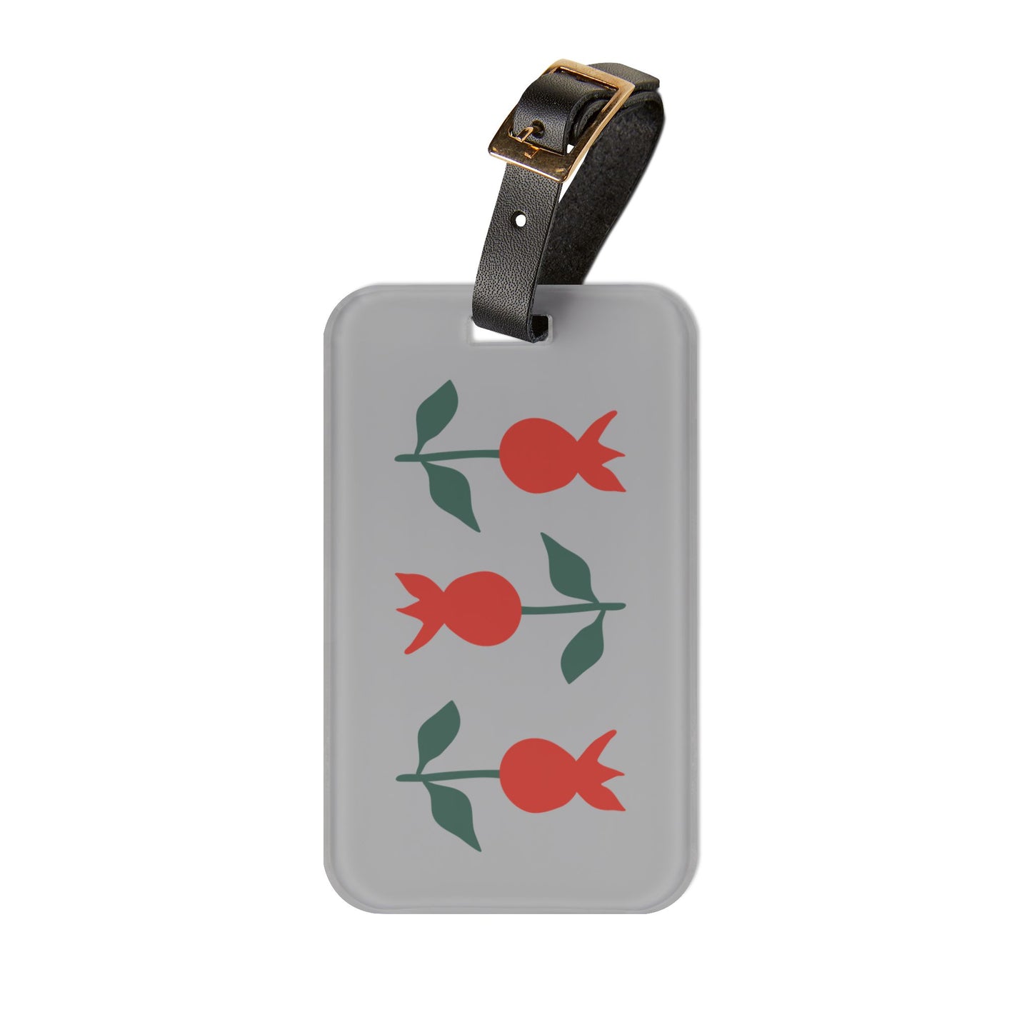 Minimalist Pomegranate Luggage Tag — Gray Travel ID with Red Fruit Motif