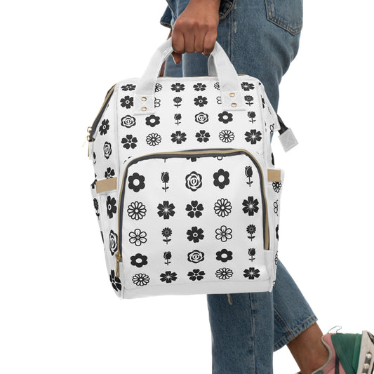 Floral Black & White Multifunctional Diaper Backpack