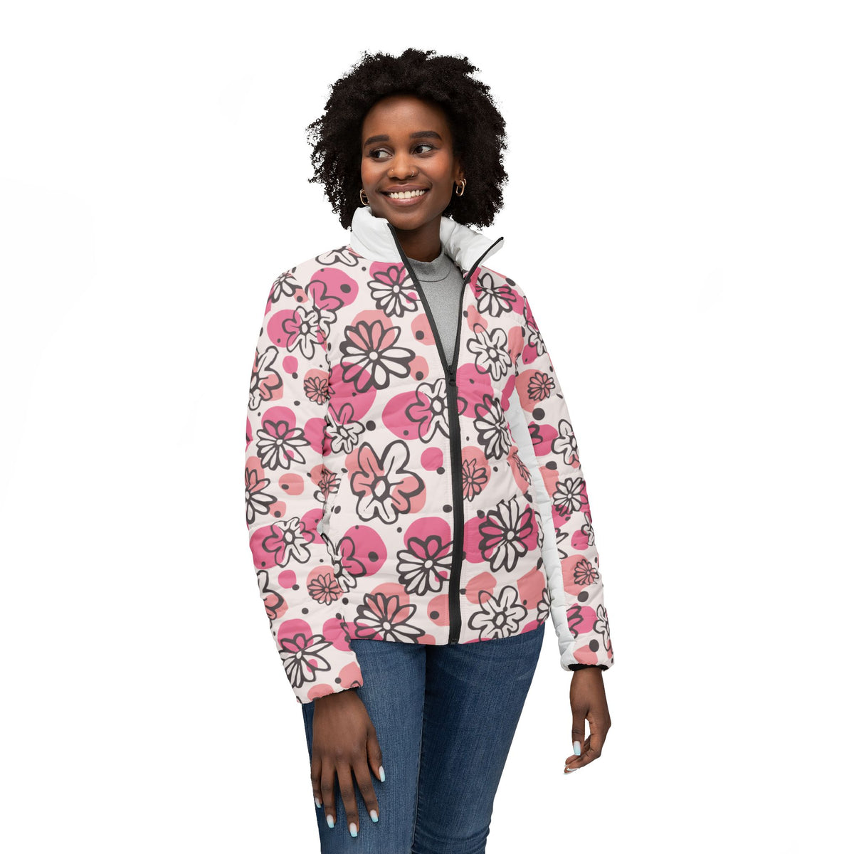 Floral Pink Hearts Puffer Jacket