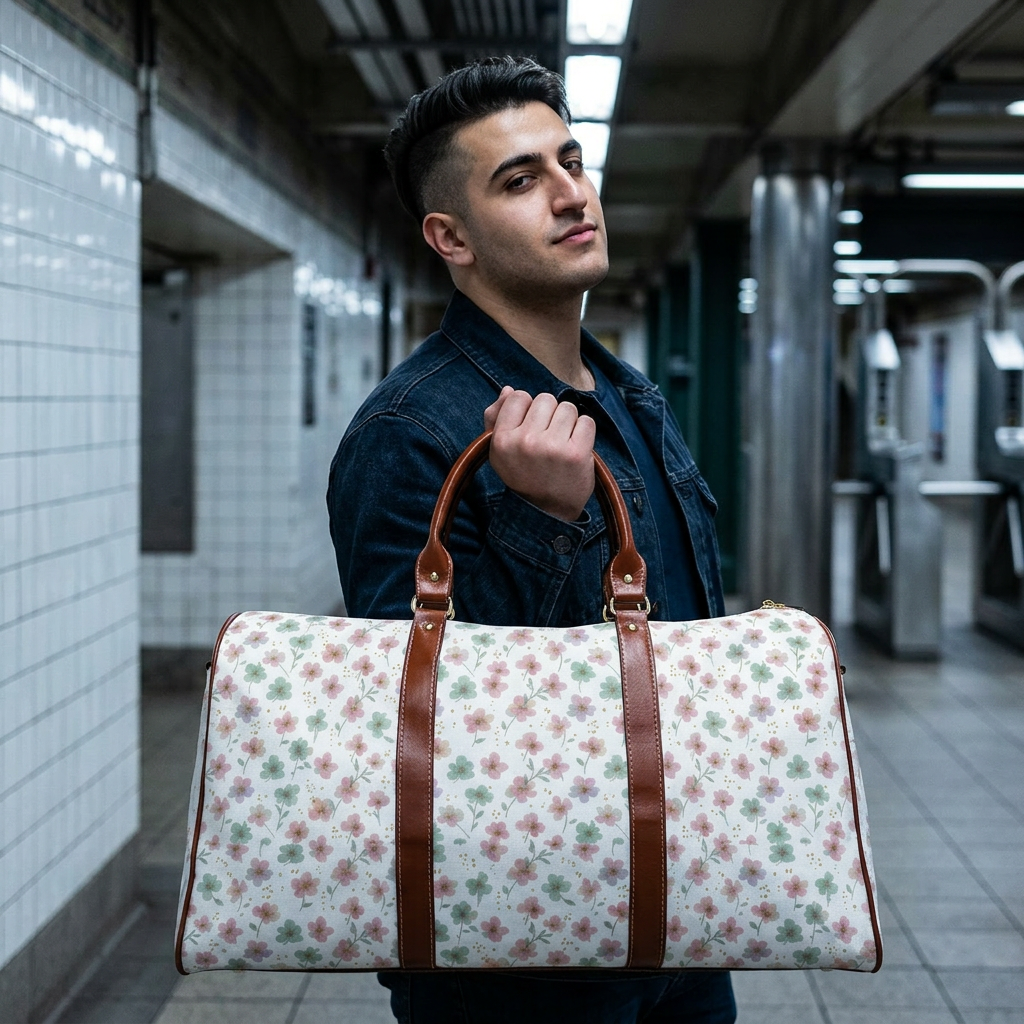Floral Waterproof Travel Bag — Lightweight Duffle with Pink & Green Blossom Print