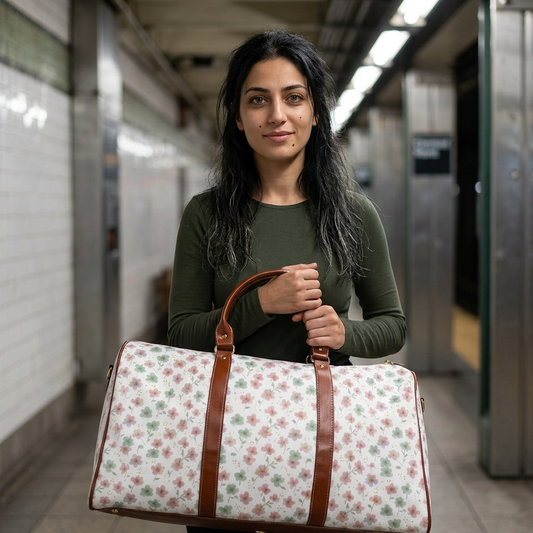 Floral Waterproof Travel Bag — Lightweight Duffle with Pink & Green Blossom Print
