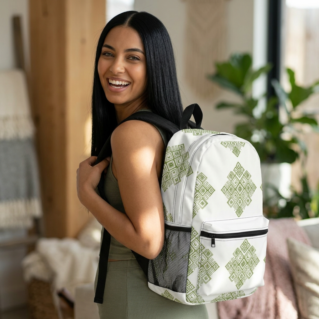 Sac à dos à motifs géométriques verts — Sac d'école et de voyage à motif losanges d'inspiration ethnique