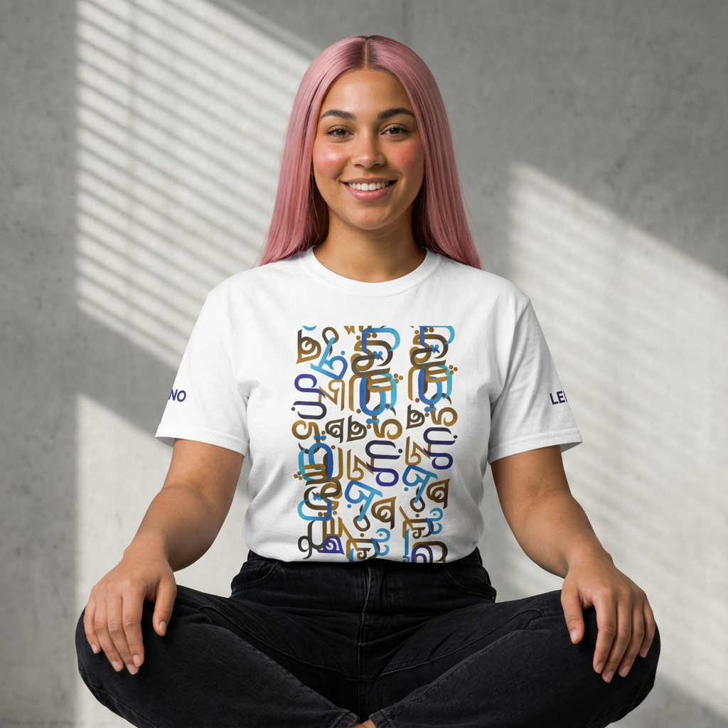 Abstract Script Pattern T‑Shirt — Colorful Typographic Block Graphic