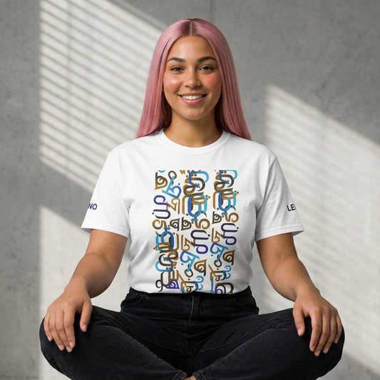 Abstract Script Pattern T‑Shirt — Colorful Typographic Block Graphic