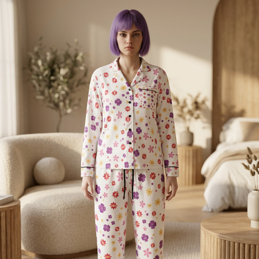 Floral Satin Pajamas Set — Women's Soft Sleepwear in Purple & Pink