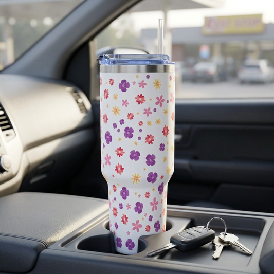 40oz Floral Vacuum Tumbler – Insulated Travel Mug with Pink & Purple Daisy Pattern