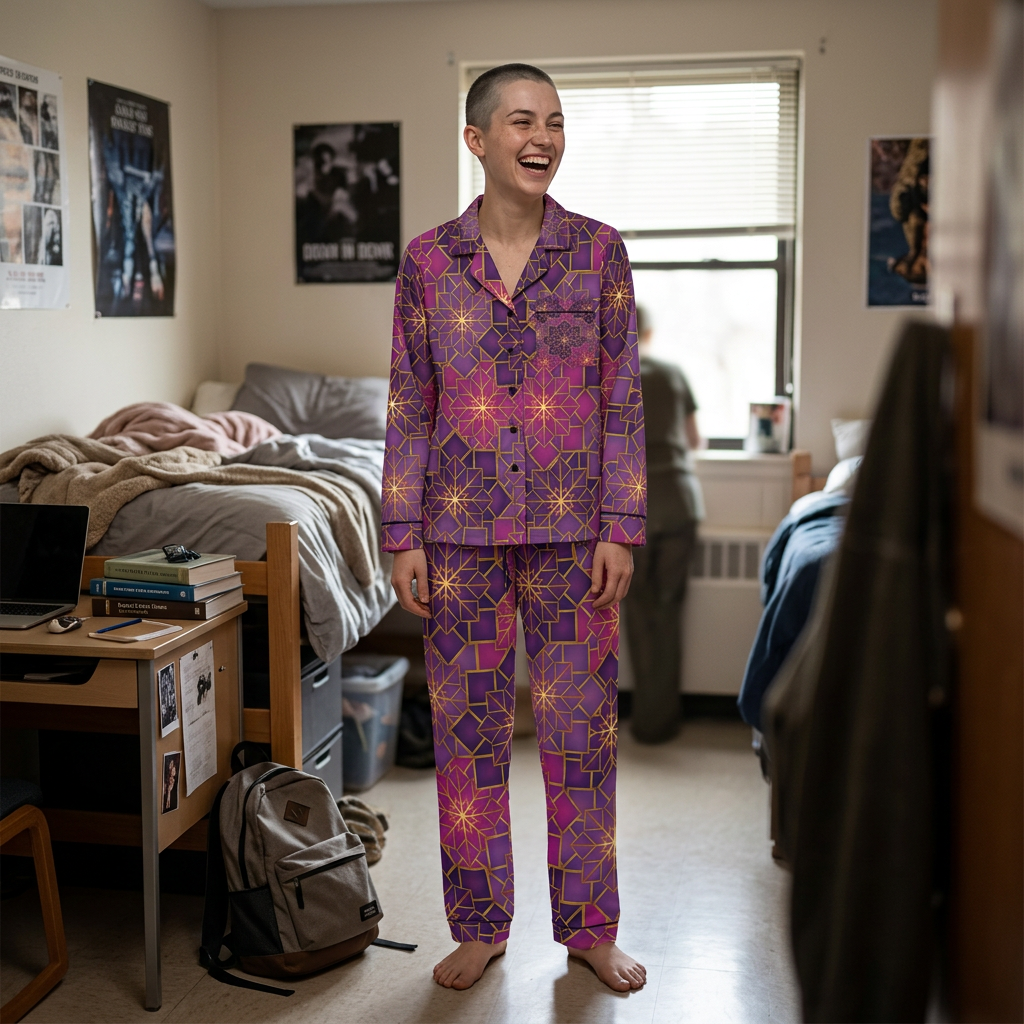 Women’s Satin Pajama Set — Luxe Purple Geometric Star Pattern