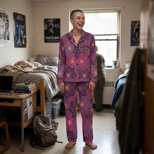 Women’s Satin Pajama Set — Luxe Purple Geometric Star Pattern