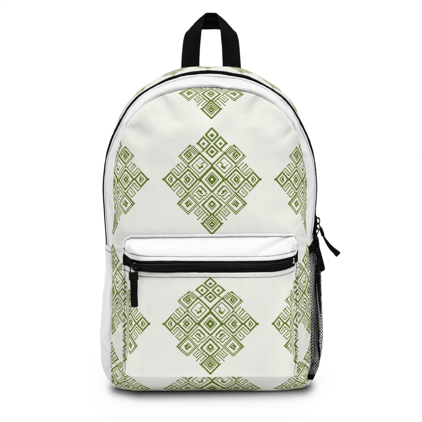 Sac à dos à motifs géométriques verts — Sac d'école et de voyage à motif losanges d'inspiration ethnique