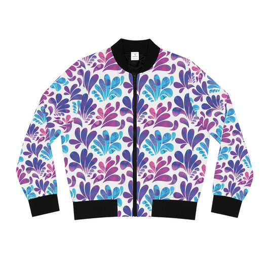 Floral Splash Bomber Jacket — Purple & Teal All-Over Print