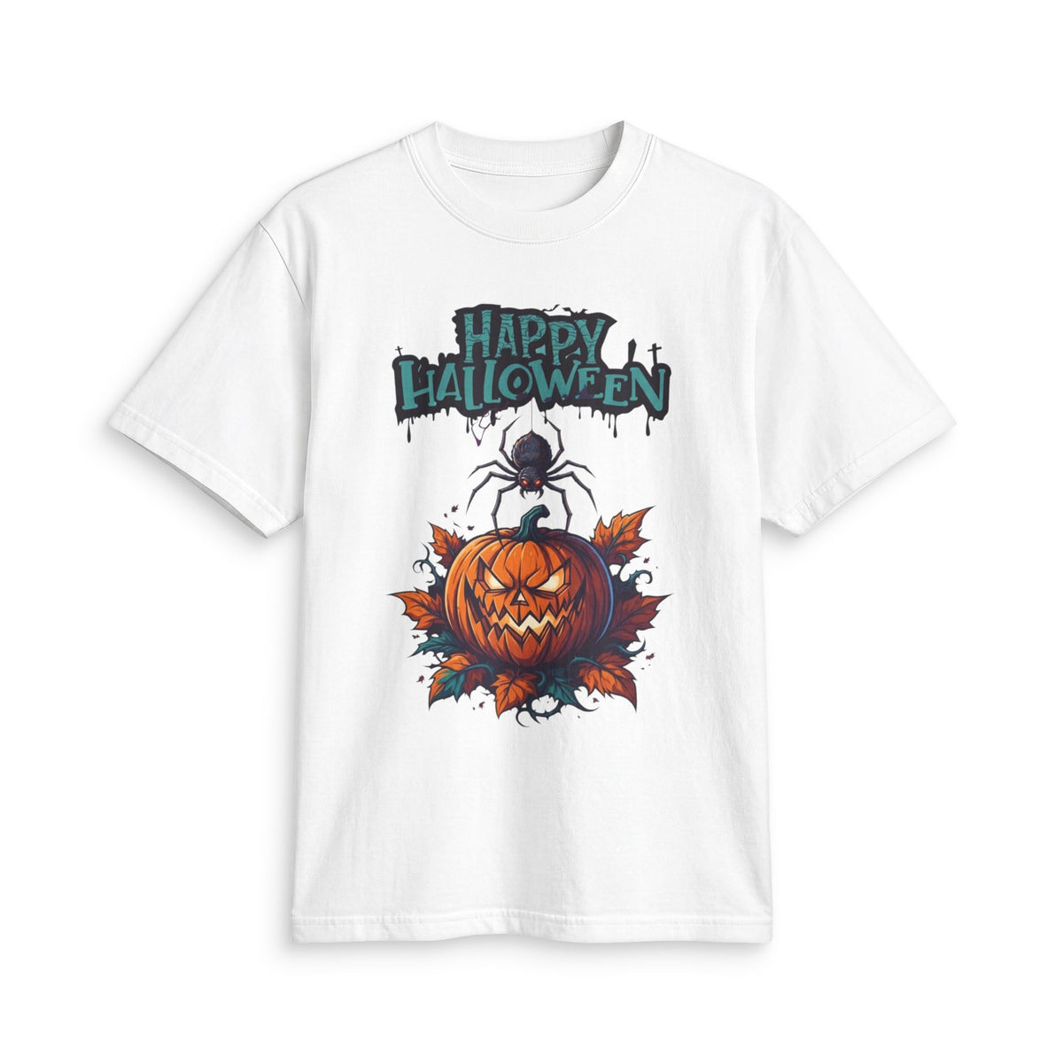 Halloween Pumpkin T-Shirt — "Happy Halloween" Jack-o'-Lantern & Spider Graphic