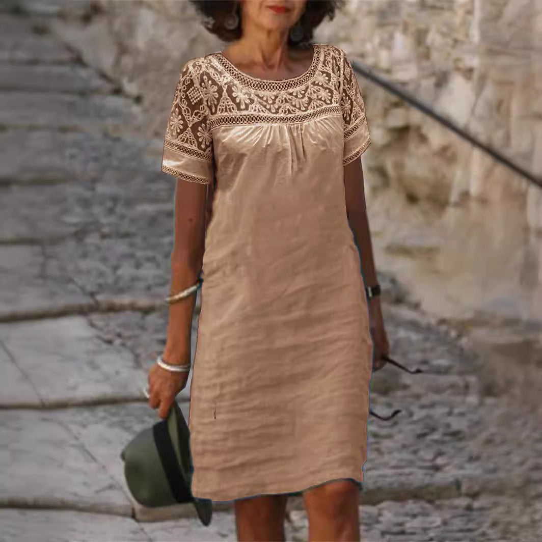 Casual Lace-Patchwork Crew-Neck Cotton-Linen Solid-Color Short-Sleeve Dress