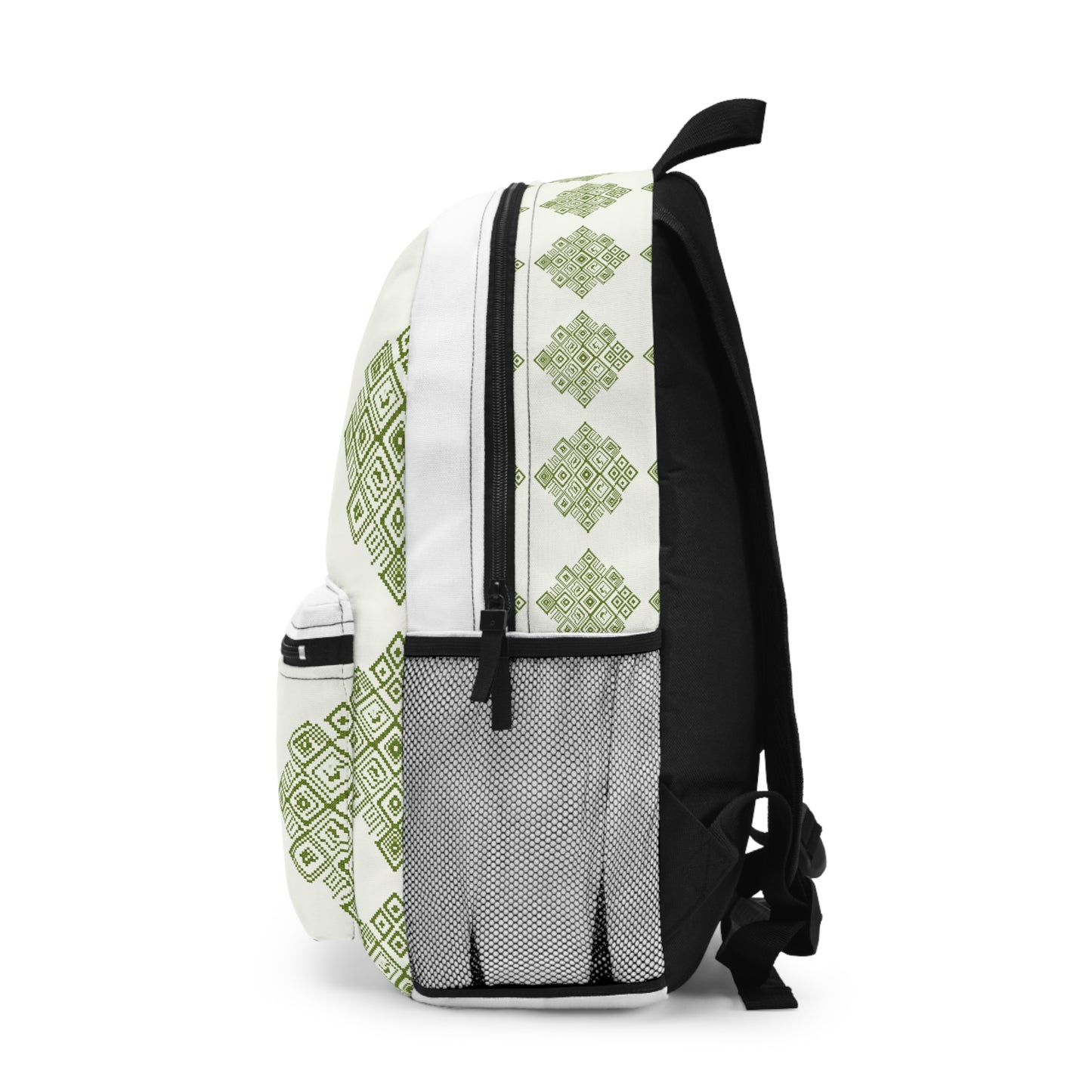 Sac à dos à motifs géométriques verts — Sac d'école et de voyage à motif losanges d'inspiration ethnique