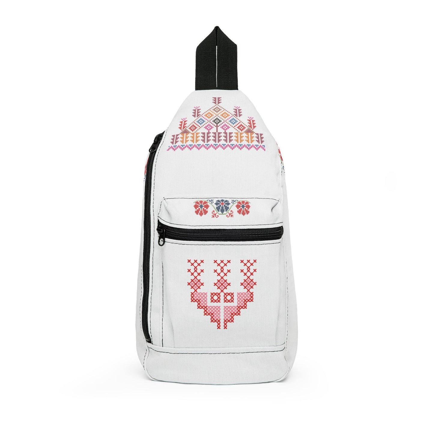 Embroidered Folk Pattern Sling Bag – Floral Cross-Stitch Design
