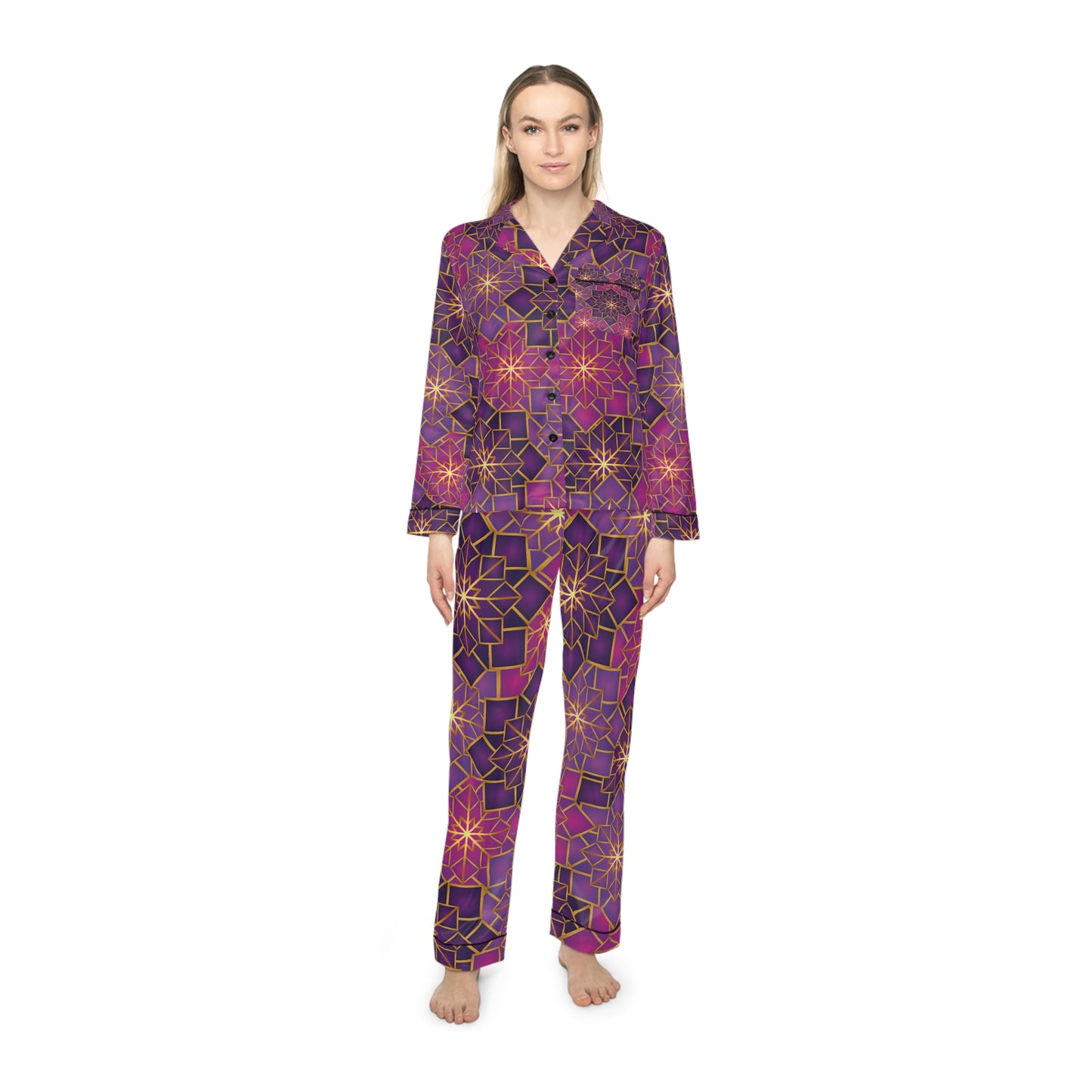 Women’s Satin Pajama Set — Luxe Purple Geometric Star Pattern